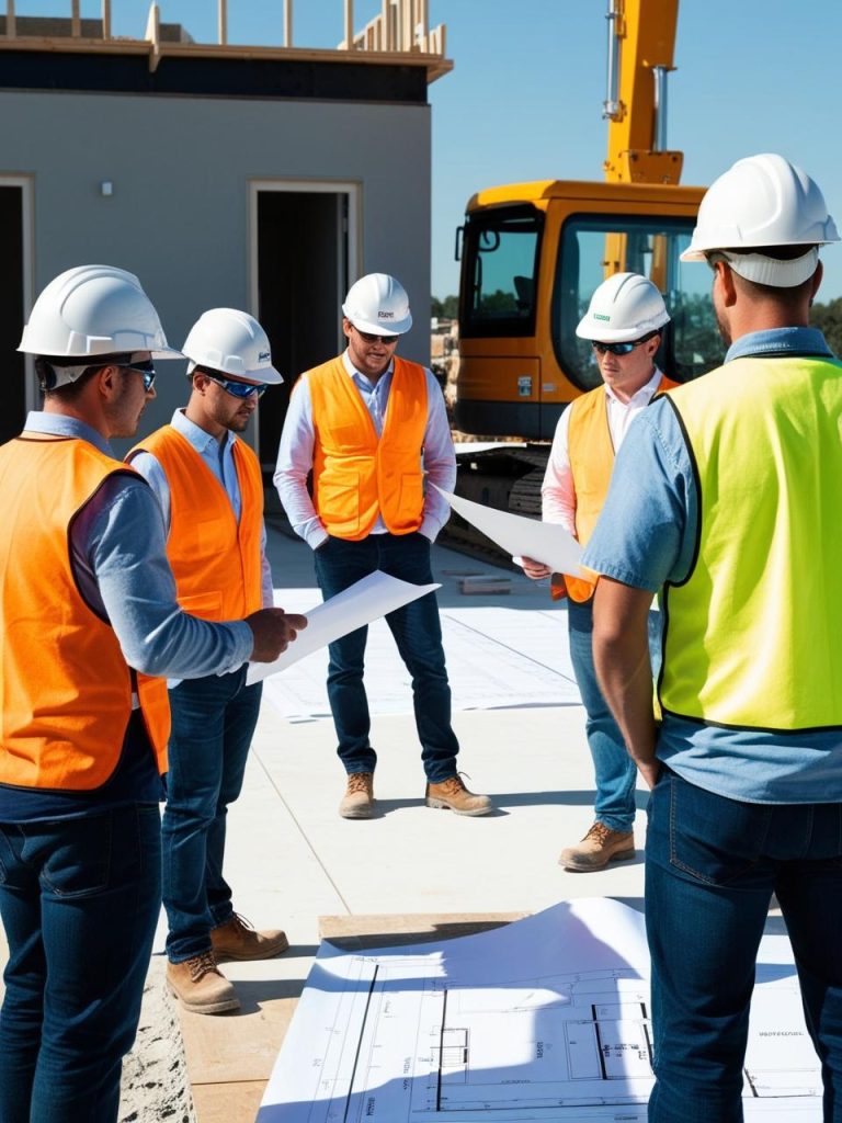 Groupe de professionnels en gilet et casque sur un chantier, en train de consulter des plans