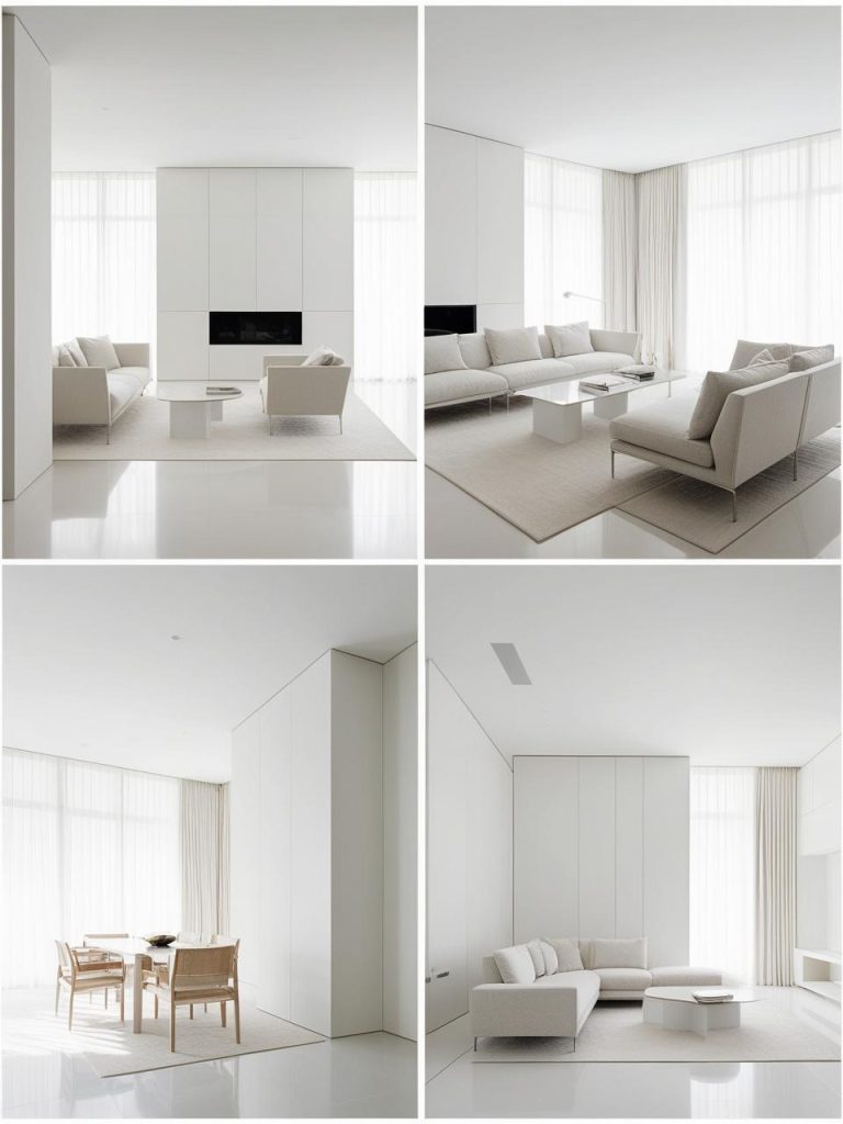 Espace intérieur minimaliste et lumineux avec mobilier design – Projet d’architecture d’intérieur réalisé par l’Atelier Arcan à Nice.