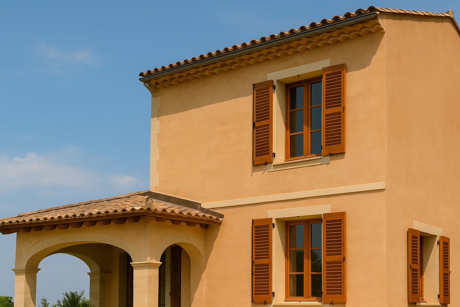 Maison rénovée à l’ancienne avec volets bois et façade ocre – Atelier Arcan Nice