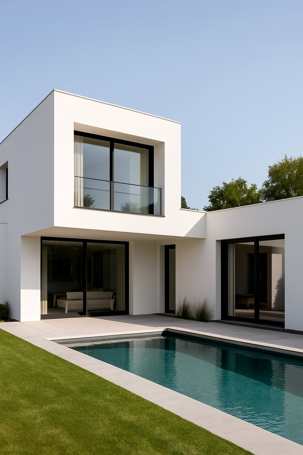 Villa contemporaine en L avec piscine, architecture ouverte et lignes épurées