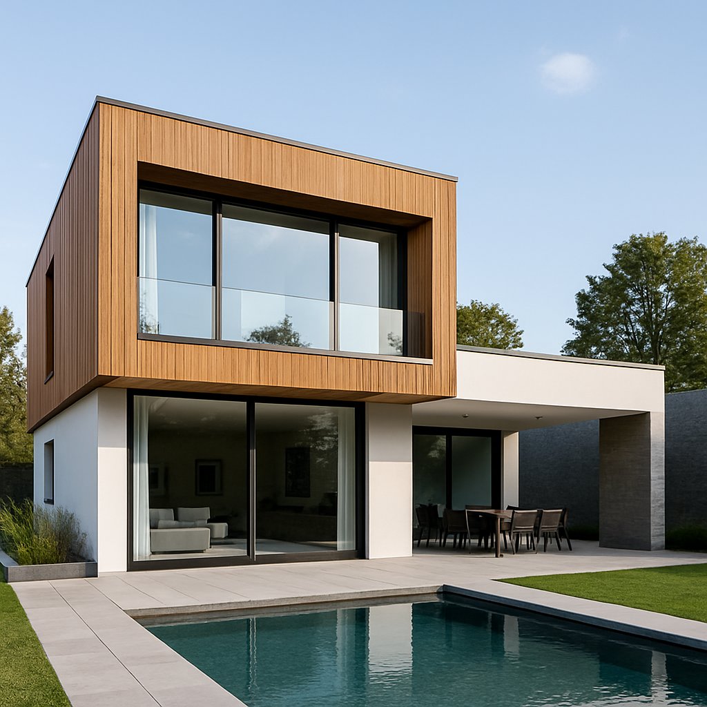 Maison contemporaine à étage avec piscine et façade boisée