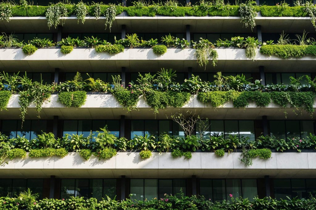 Façade d’immeuble écologique à Nice avec balcons végétalisés et intégration paysagère