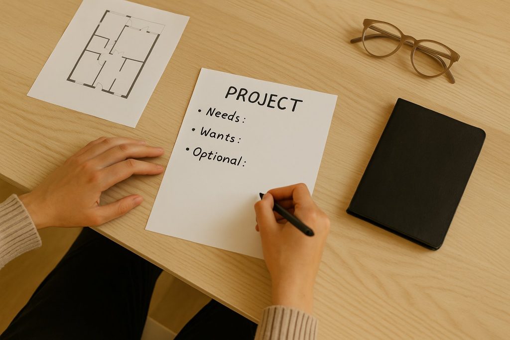 Main rédigeant une liste de besoins pour un projet architectural sur une feuille