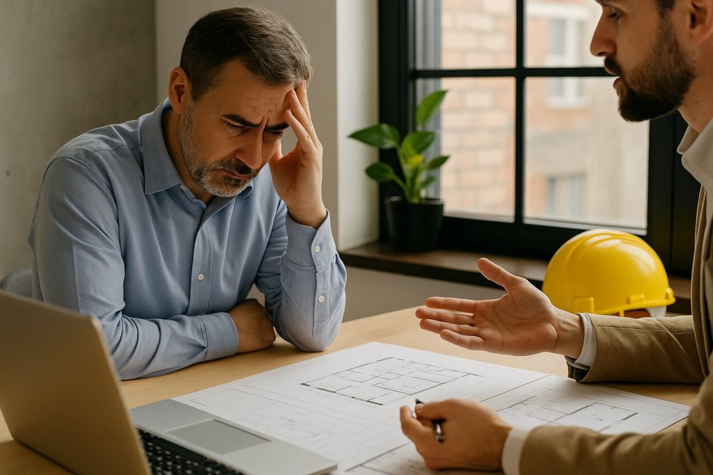 Client stressé face aux plans, conseillé par un architecte professionnel