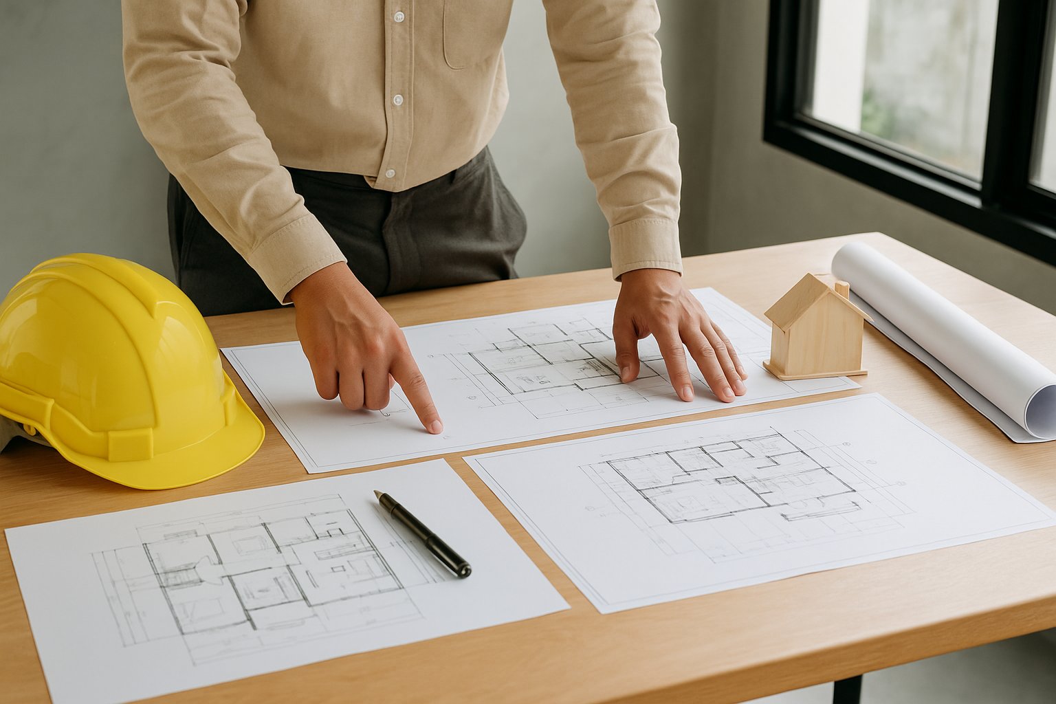 Architecte examinant des plans sur une table avec casque de chantier
