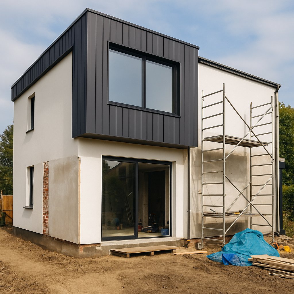 Façade d’une maison contemporaine en cours de rénovation avec échafaudage