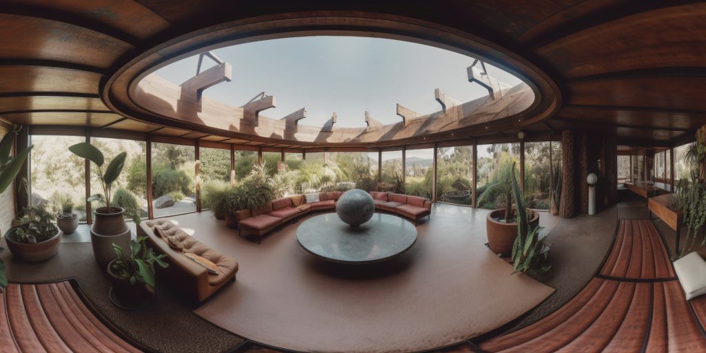 Intérieur d’une maison écologique contemporaine intégrée à la nature, à Nice